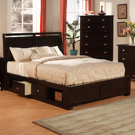 Queen-Size Platform Bed with Sleigh Headboard and Storage